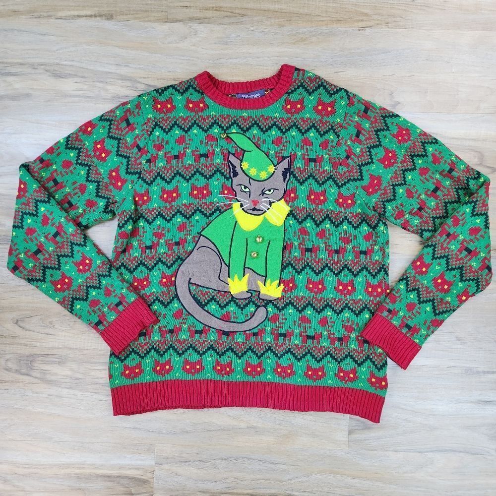 🩵33 Degrees Red & Green Elf Cat Christmas Sweater Men's XLarge